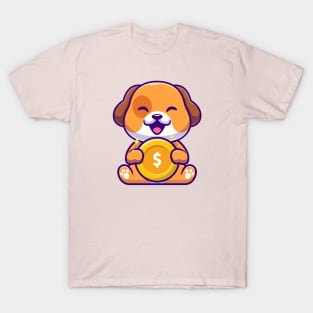 Cute Dog Holding Gold Coin Cartoon T-Shirt